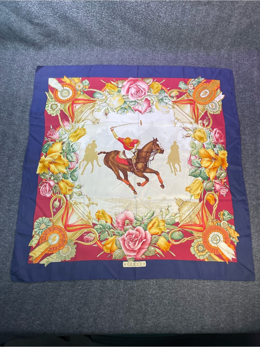 GUCCI Silk Scarf Polo Rider Equestrian Horse Floral Motif Blue Border Ribbon